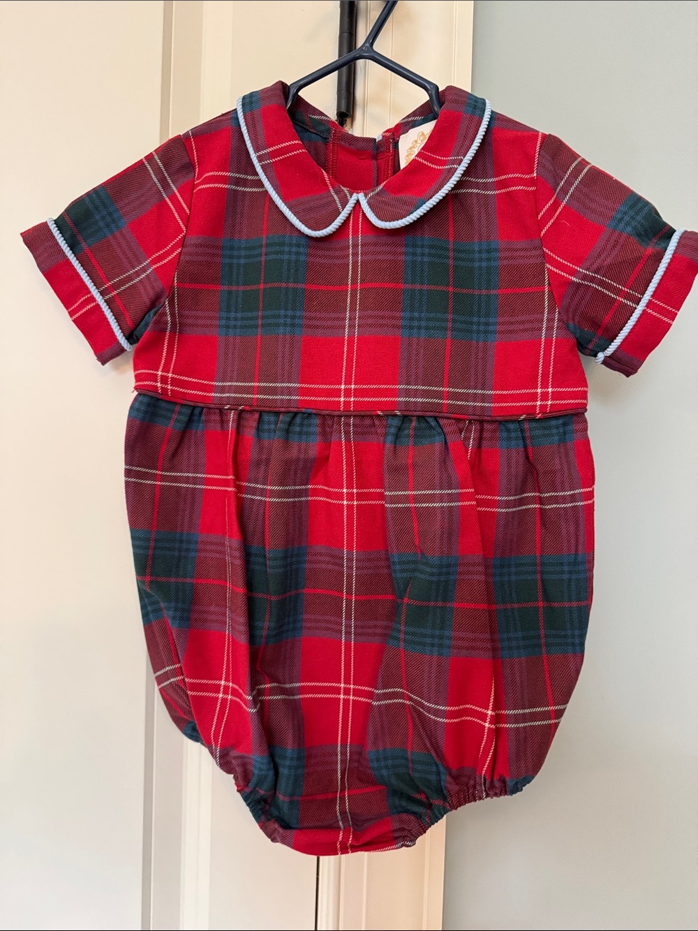 The Beaufort Bonnet Company Red Tartan Bubble Romper with Peter Pan Collar